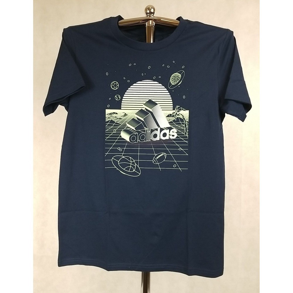Adidas Boy Shirt Size XL Short Sleeve Blue Space Logo T-Shirt‎ Graphic Tee NEW